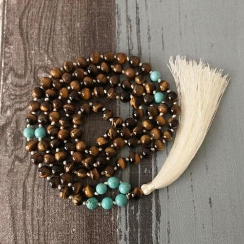 108 Beads Hand Knotted Tassel Necklace Meditation Yoga Jewelry For Unisex Confidence Tigers Eye & T-urquoise Beaded Mala Collar