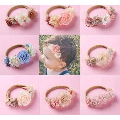 Lovely Princess Flower Crown Baby Headband Turban Kawaii Hair Accessories Nylon Stretch Headband for Children Floral Kids