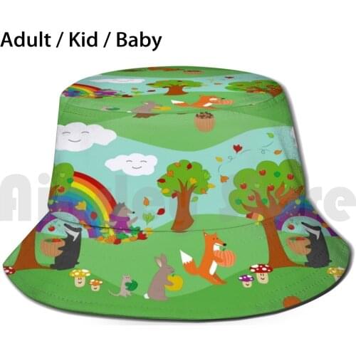 Rainbow Autumnal Animals By Bear And Goose Sun Hat Foldable UV Protection Autumn Badger Fox Woods Apples Rainbow