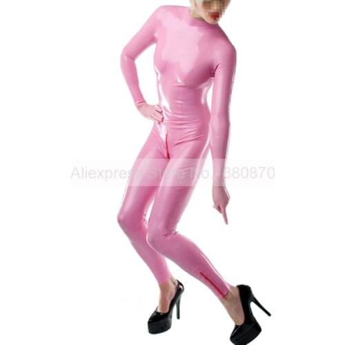Pink Female Rubber Latex Catsuit with Wrist and Ankle Zips Plus Size Customized Tight Bodysuit (no gloves) S-LC158