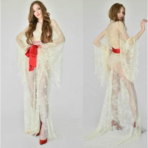 Sexy Bridal Dresses V Neck Lace Red Belt Nightgown for Photoshoot Boudoir Lingerie Robe Bathrobe Nightwear Babydoll Robe