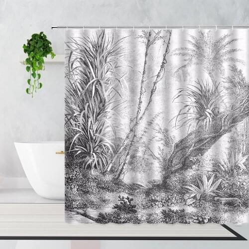 Black White Hand-painted Plant Shower Curtain Tropical Forest Leaf Landscape Bathroom Curtains Waterproof Polyester With Hooks