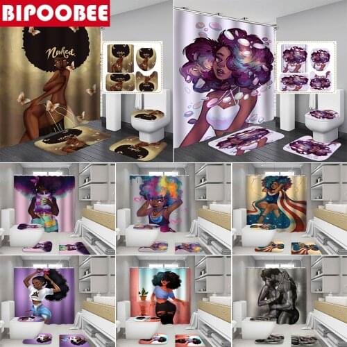 African American Cute Loli Bathroom Shower Curtain Set Afro Sexy Black Girl Bath Curtains Non-Slip Rug Toilet Seat Cover Mats
