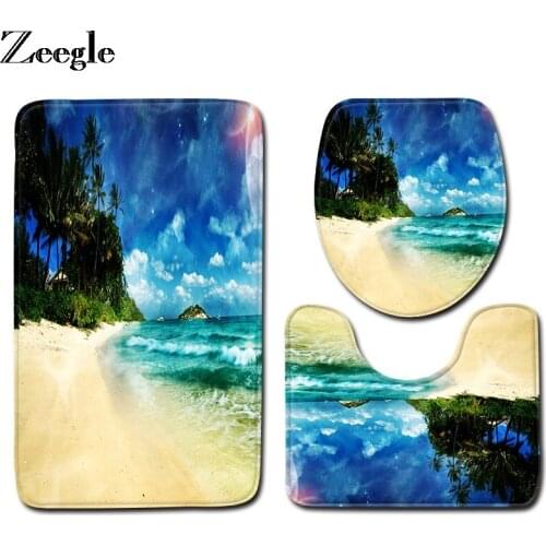 Zeegle 3pcs Bath Mat Set Toilet Pedestal Rug Anti Slip Toilet Seat Cover Mat Bathroom Doormat Shower Mat 3D Beach Toilet Set