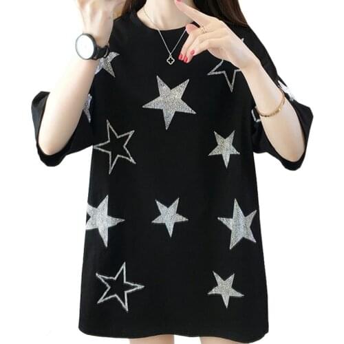 2021 Loose Fashion Summer Women T Shirt Hot Rhinestone Harajuku Geometric Pentagram Lady Tees Black Short Sleeve Tops Female