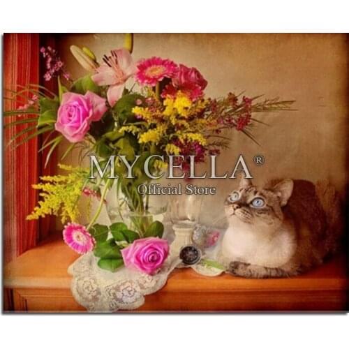 5D DIY Diamond Painting Cross Stitch Crystal Rhinestone Embroidery Full Round Diamond Mosaic Needlework Pictures Flowers Cats