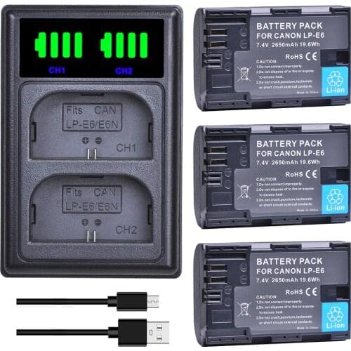 3Pcs 2650mAh LP E6 LPE6 LP-E6 E6N Batteries + LED Dual Charger For Canon EOS 5DS R 5D Mark II 5D Mark III 6D 7D 80D EOS 5DS R Ca