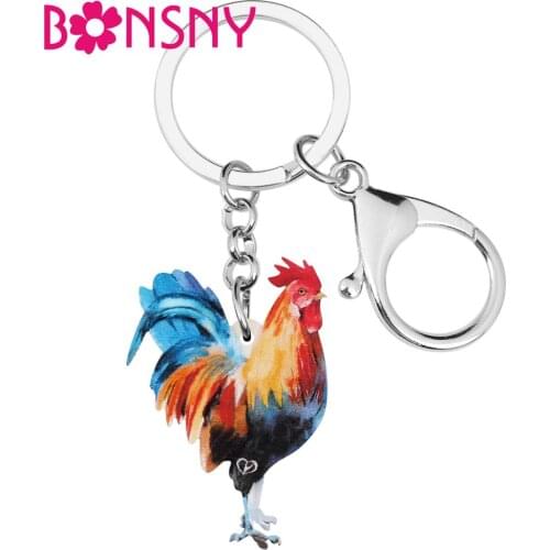 Bonsny Acrylic Rooster Cock Chicken Key chains Farm Animal Key Ring Bag Car Purse Wallet Decoration For Women Girl Men Gift Bulk