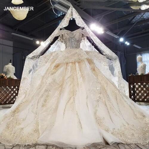 HTL1600 Charming Champagne With Veil Wedding Dresses 2020 Sweetheart Off The Shoulder Crystal Beading Ball-Gowns فساتين اعراس