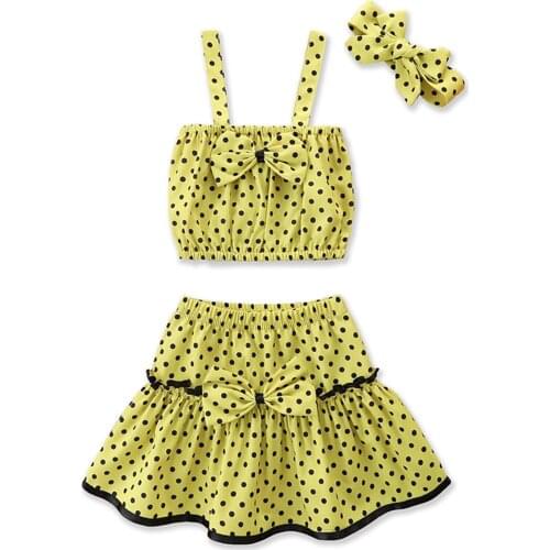 Summer Kids Girls Clothes Sets Polka Dot Printed Bowknot Strapless Vest Tops A-line Skirt with Headband