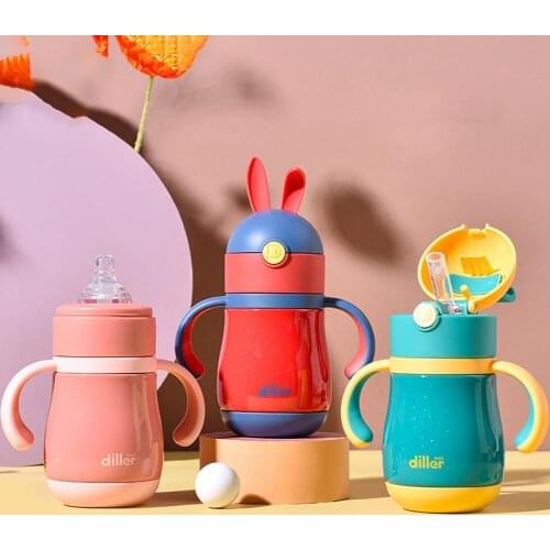 Water Bottle Multifunctional Rabbit Design Stainless Steel Gravity Ball Straw Baby Feeding Cup for Boys
