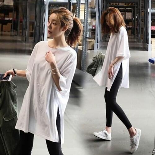 Fashion Clothes Cotton Summer Slit T-shirt Loose Top Long Pure White Short-Sleeve Long T-shirt Female Popular Soft comfortable