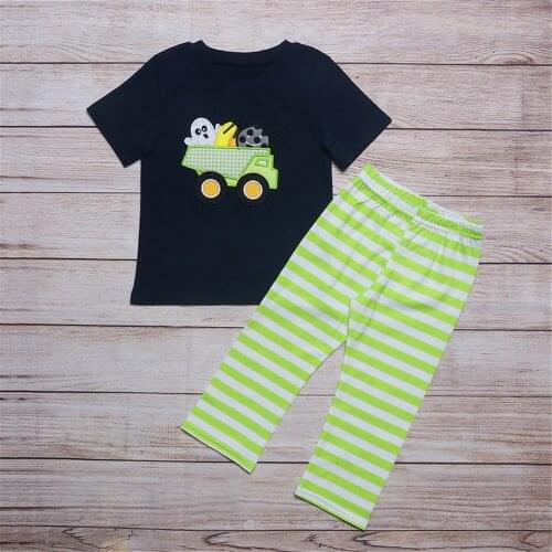 Fashionable Pure Cotton Embroidery Boy Suit Black Short Sleeves And Green And White Striped Pants For Childrens Fall Suit