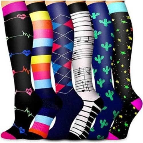 Men And Women 6Pairs Compression Socks For Shin Splints Knee High 20-30mmHg Nursing Athletic Travel Square Stripe Star S M L XL