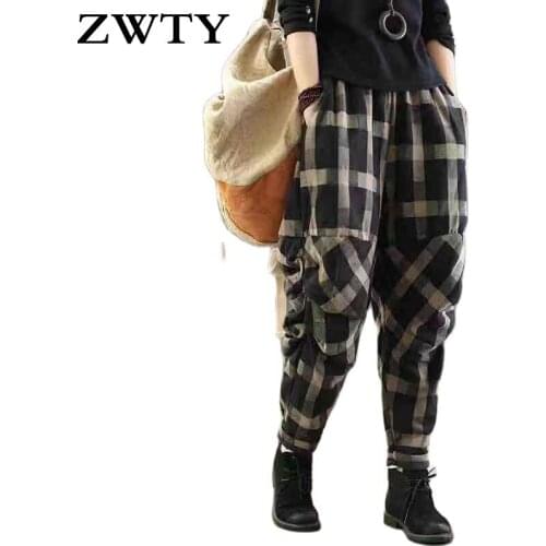 ZWTY New Arrival Spring Summer Women Elastic Waist Harem Pants Vintage Cotton Linen Plaid Pants Loose Female Trousers Plus Size
