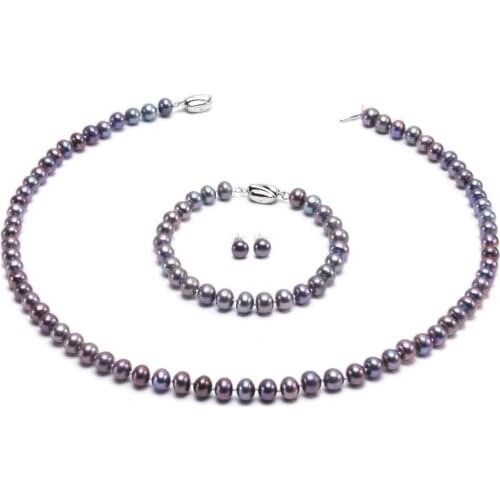 Charming Necklace Set 7-8mm Dark-purple Cultured Freshwater Pearl Necklace Bracelet Earrings Jewelry Set -Party Wedding Jewery