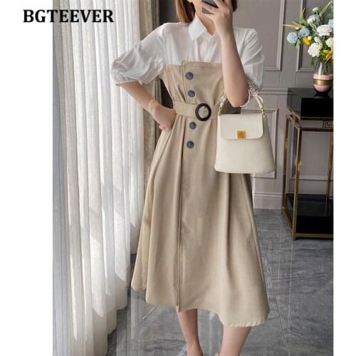 BGTEEVER New Summer Fashion Patchwork Women A-line Dress Half Sleeve Single-breasted Belted Ladies Vestidos Elegant Female Dress