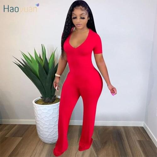 HAOYUAN Sexy Short Sleeve Slim Jumpsuit V Neck Birthday Party Outfits for Women 2021 Fall Clothing Pocket One Piece Club Rompers