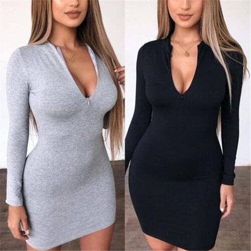 Spring Autumn Womens Dress Fashion Wild Party Sexy Zippered Slim Mini Dress Long Sleeve Midi Dress Solid Color