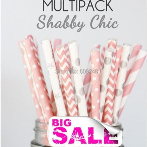125pcs Mixed Colors SHABBY CHIC Themed Vintage Paper Drinking Straws,Pink Swiss Dot, Striped, Chevron, Silver Star and Polka Dot
