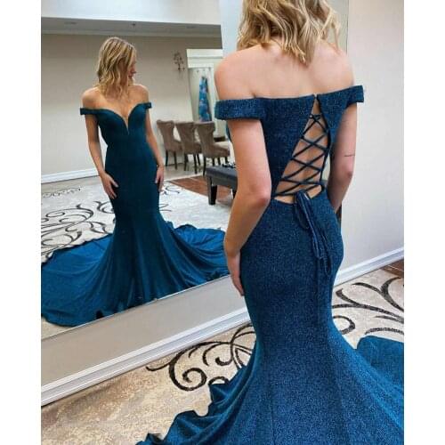 VKBRIDAL Long Mermaid V-Neck Glitter Prom Dresses Sweep Train Homecoming Dress Criss cross Maxi Formal Party Gowns