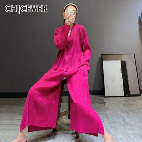 CHICEVER Solid Ruched Two Piece Set For Women V Neck Long Sleeve Top High Waist Full Length Side Split Pants Female 2021 Stylish