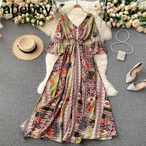 Summer Cash Ethnic Retro Printing Vestidos Femininity V-neck Waist Was Thin and Sweet Trumpet Sleeve Holiday Midi Dress GK281