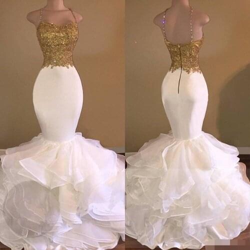 Sexy Gold Top And White Ruffles Lace Mermaid Prom Dresses 2019 Spaghetti-Strap Sleeveless Backless Evening dress With Beaded
