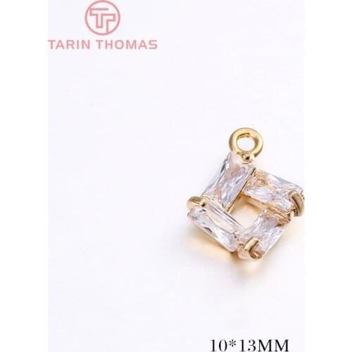 4PCS 10x13MM Hole 1MM 24K Gold Color Plated Brass with Zircon Square Charms Pendants High Quality Diy Jewelry Accessories
