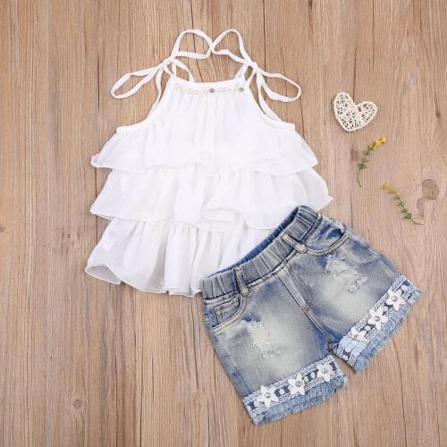 2021 2-7Y Summer Kids Baby Girl Clothing Fashion New White Solid Sleeveless Layered Pearls Chiffon Top Vest+Flower Denim Shorts