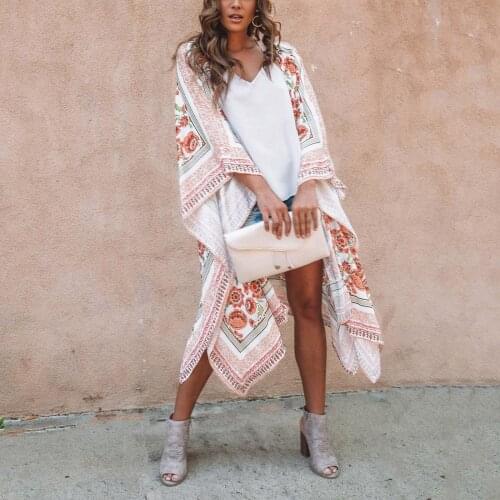 2021 Bohemian Printed Bikini Cover-ups Summer Beach Wear Clothing Long Kimono Plus Size Cotton Tunic Women Tops Wrap Coat