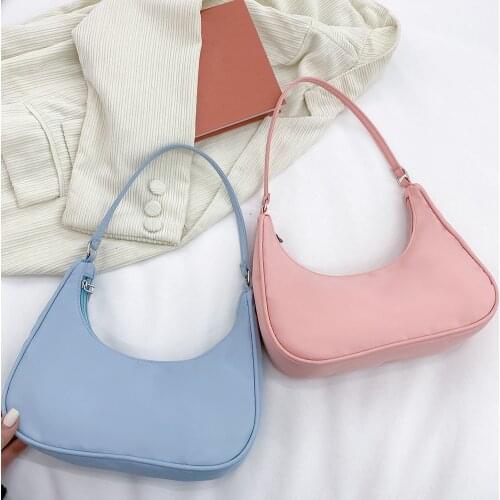 2021 Women Simple Pure Color Underarm Shoulder Bags Fashion Zipper Small Totes Casual Nylon Ladies Daily Top-handle Handbags