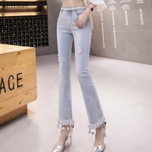 2021New Spring Autumn Fashion Women Hole Tassel Denim Jeans High-waist Flare Pants for Women Jeans Vintage Female Pant Capris
