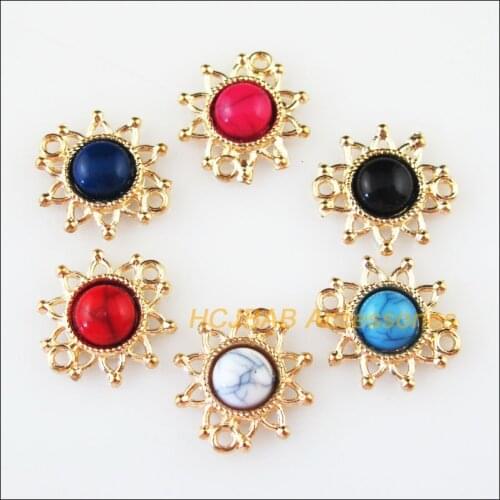 24 Mixed Acrylic Charms Connectors Gold Color Round SunFlower Pendants 14x14.5mm