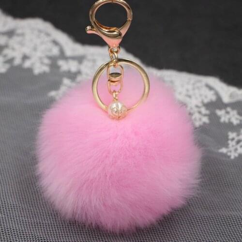 8CM Pom Pom Fur Rabbit Keychain with Imitation Pearl Dangle Handbag Charms Toy Doll Fur Keychain Jewelry for Women