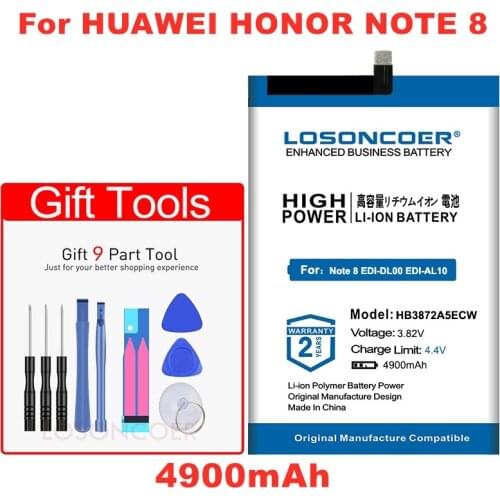 LOSONCOER 4900mAh HB3872A5ECW Battery For Huawei Honor Note 8 Note8 EDI-DL00 EDI-AL10 Free tools Stand Holder Stickers