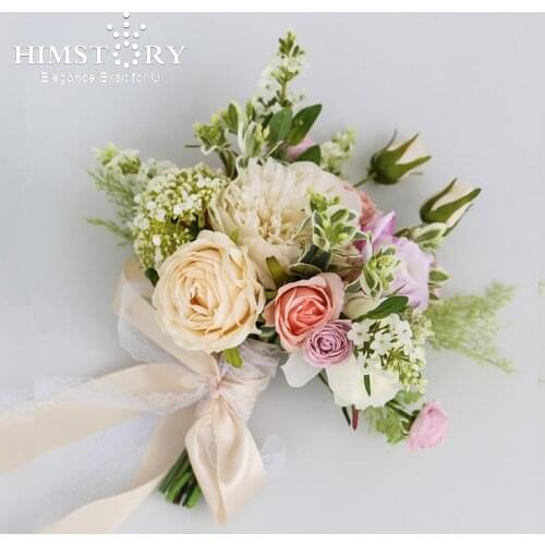 HIMSTORY Wedding Bouquet Silk Roses White Wedding Flowers Bridal Bouquet Artificial Flowers Marriage Bridesmaids Hand Holders