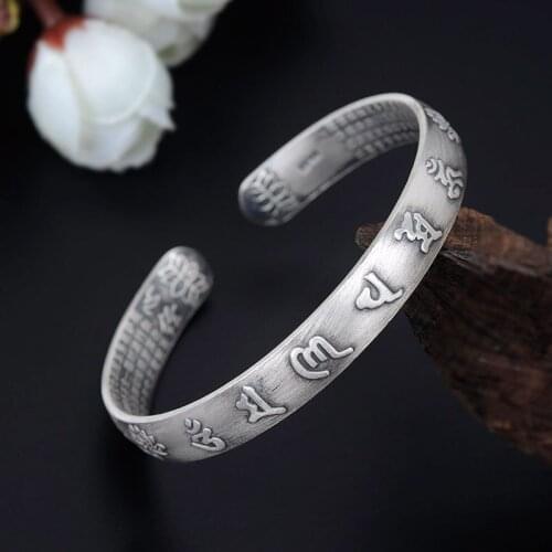 S990 Sterling Silver Vintage Buddhism The heart sutra lotus Bracelets Great Compassion Mantra Bracelet Six word Cuff Bangle