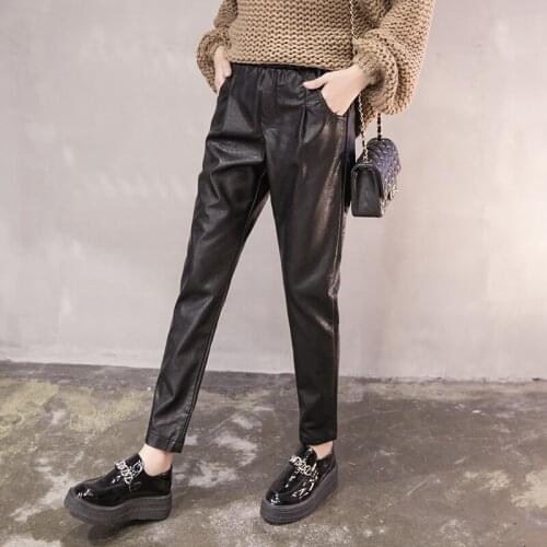 High Waisted Leather Pants PU Leather New pants Womens casual warm Female Trousers Loose Spring high waist leather pants 881H