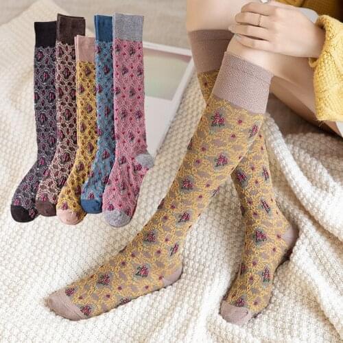 2020 Hot Women Stockings Japanese Kawaii Cute Knee High Socks Floral Print Autumn Winter Warm Long Sox Thigh High Sox Stockings