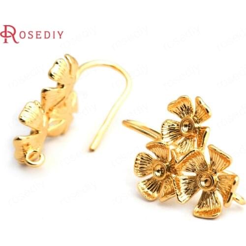F135)6 pieces Height 26mm Flower 17mm 24K Gold Color Brass Three Earrings Hooks High Quality Accessories Findings