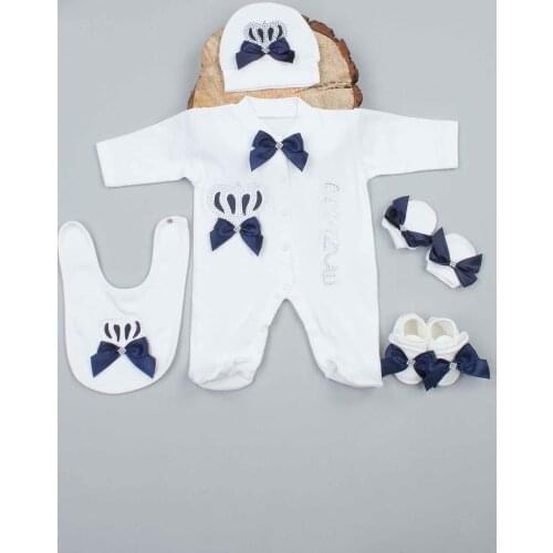 Navy Blue Baby Boy King Rompers Suit 5 Piece Clothes Newborn Clothing Daily Cotton Use Male Babies Toddler Baby Outfit models