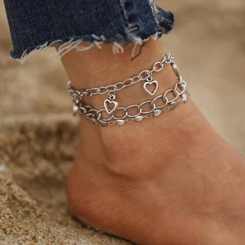 3 Pieces Set Hollow Love Heart Shaped Pendant Anklet Summer Beach Sandal Ankle Bracelets On Leg for Women Jewelry Accessories