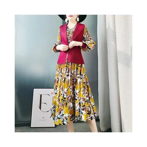 HOT SELLING Miyake fold two-piece set pleated turndown collar sleeveless solid vest + print long sleeve dress IN STOCK