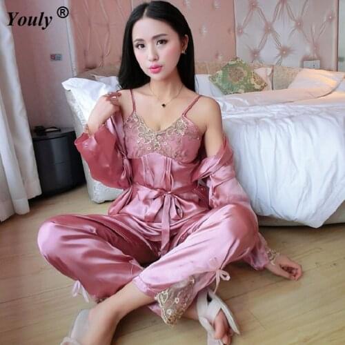 Sexy 3 Pcs Robe Pajamas Pants Sets women 2020 Lace Floral Printed Embroidered Ladies Sleep Lounge Night Shirt Long Pants Sets