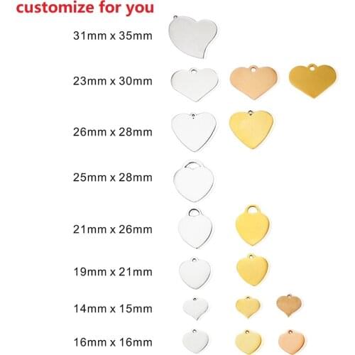 MYLONGINGCHARM 30pcs Free Engraving Stainless steel Charm Engravable Heart Beads Heart Shape Charm Pendant for Bracelet Necklace