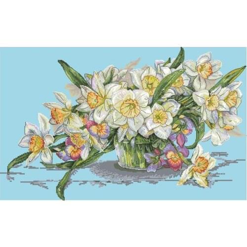 14/16/18/25/22 COLOR AIDA Counted Cross Stitch Kit Daffodil Bouquet Flower Narcissus Vase Flowers