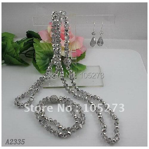 Charming!gray crystal long necklace 40'' AA 6x8MM Gray crystal bracelet silvers earring Rhinestone clasp free shipping A2335