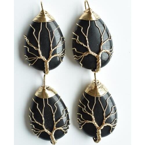 Wholesale 4pcs/lot gold Color Wire Wrap handmade tree of life drop shape natural obsidian stone pendants free shipping