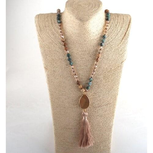 Fashion Bohemian Tribal Jewelry Crystal & Natural Stone Knotted Stone Links Tassel Necklace For Women Lariat Necklaces